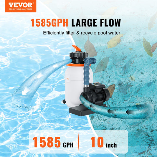 VEVOR Sand Filter Pump for Above Ground Pools, 10-inch, 1585 GPH, 0.33 HP Swimming Pool Pumps,-$100