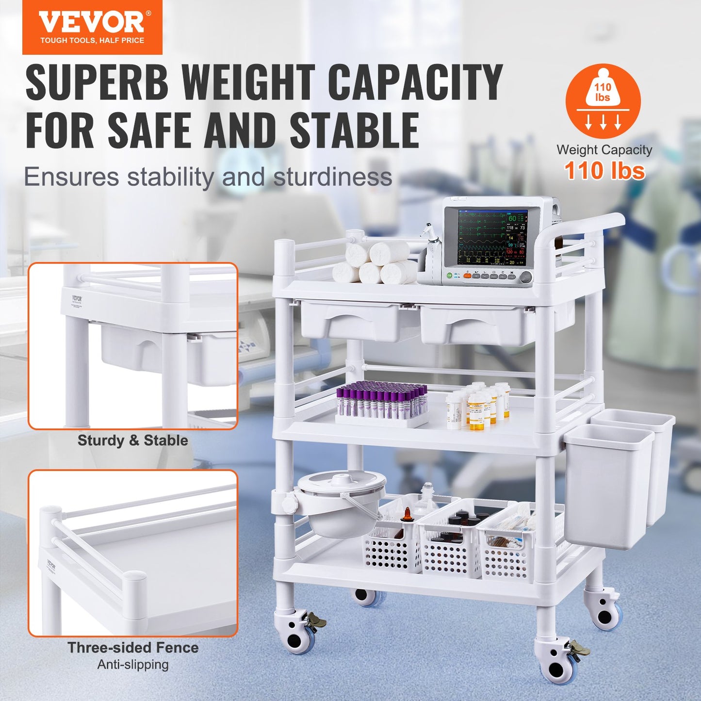 VEVOR 3-Tier Lab Utility Cart with 3 Trays & 4 Silent Wheels,  PP Material,-$130