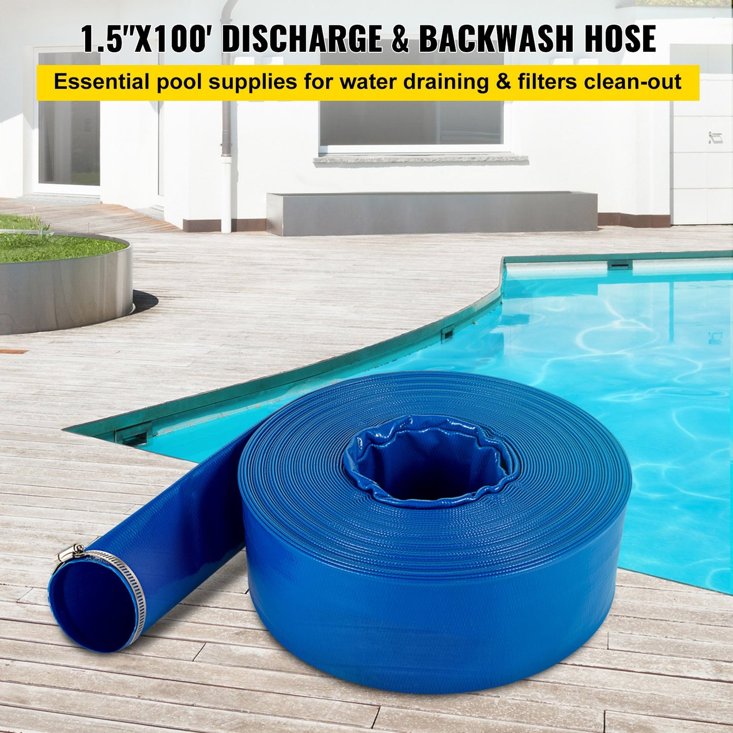 VEVOR Discharge Hose, 1-1/2" x 100', PVC Fabric Lay Flat Hose, Heavy Duty Backwash Drain Hose with Clamps