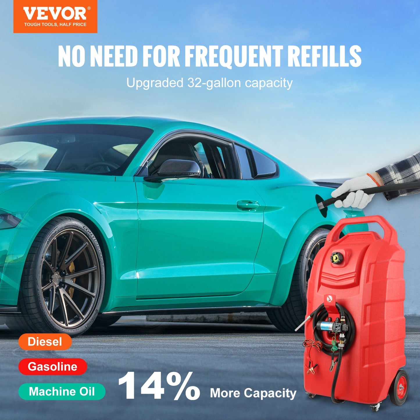 VEVOR Fuel Caddy, 32 Gallon, Portable Fuel Storage Tank On-Wheels, with 12V DC Transfer Pump,-$330