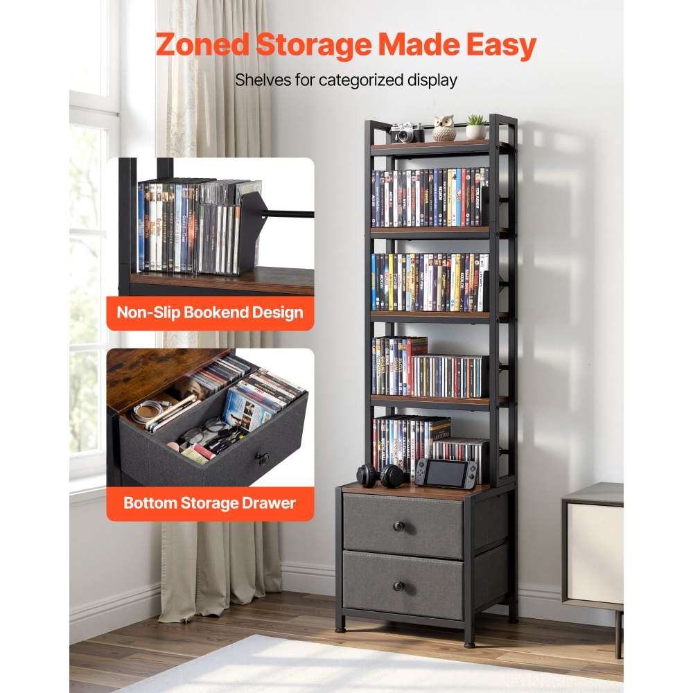 VEVOR Media Storage Cabinet, 4-Shelf DVD Shelf Organizer with Drawers, 15.75 x 11.81 x 56.50 in,-$40