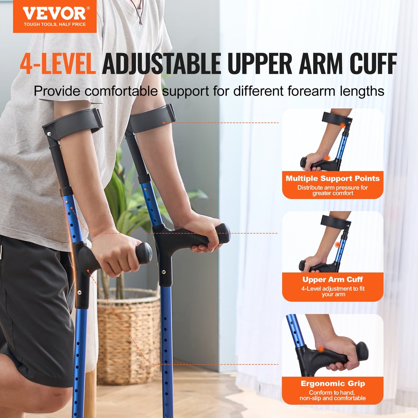 VEVOR Forearm Crutches for Adults, 11-Level Height Adjustable Walking Crutches with 4-Level Upper Cuff,-$30
