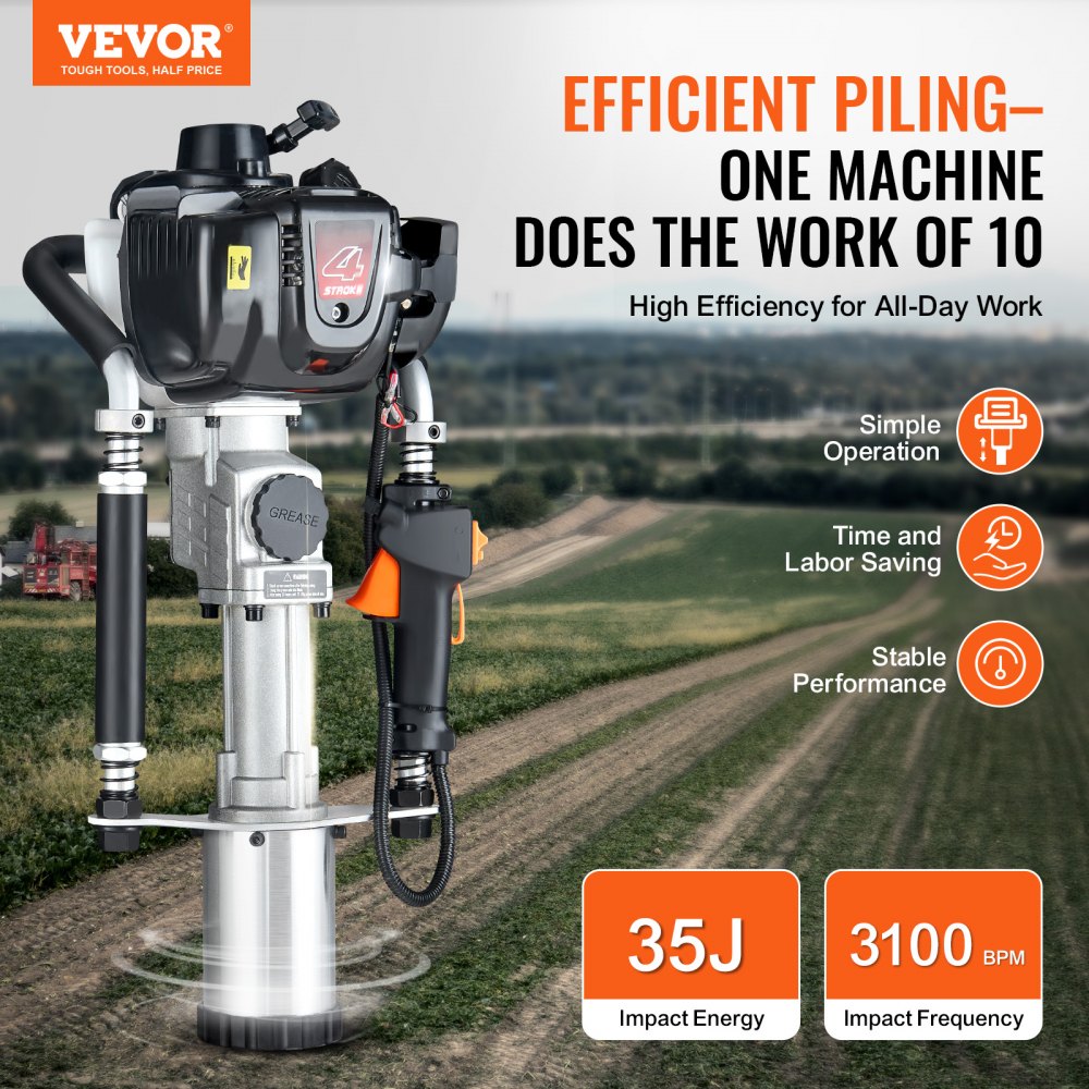 VEVOR 37.77cc Gas-Powered T Post Driver, 4-Stroke Engine Gasoline Fence Piling Pounder, with 3 Post Driving Head