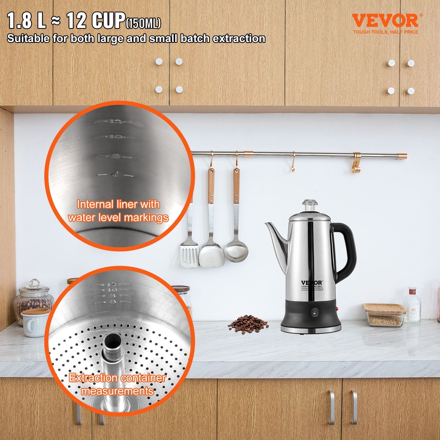 VEVOR 12-Cup Electric Percolator Coffee Pot, 304 Stainless Steel Coffee Percolator with Keep Warm,-$45