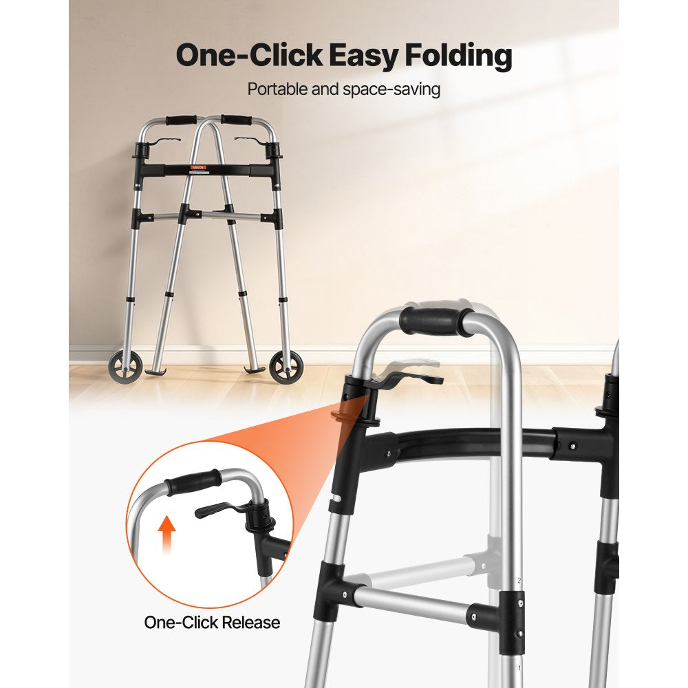 VEVOR Folding Walker, 2-Button Foldable Walker with 5" Wheels & 8-Level Adjustable Height,-$35