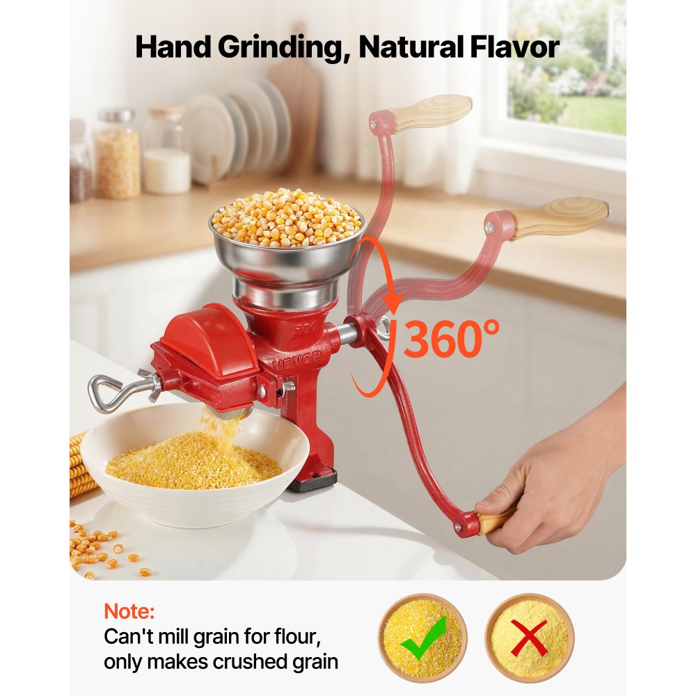 VEVOR Manual Grain Mill with Low Hopper, Hand-Crank Corn Grinder, Heavy Duty Cast Iron Wheat,-$30