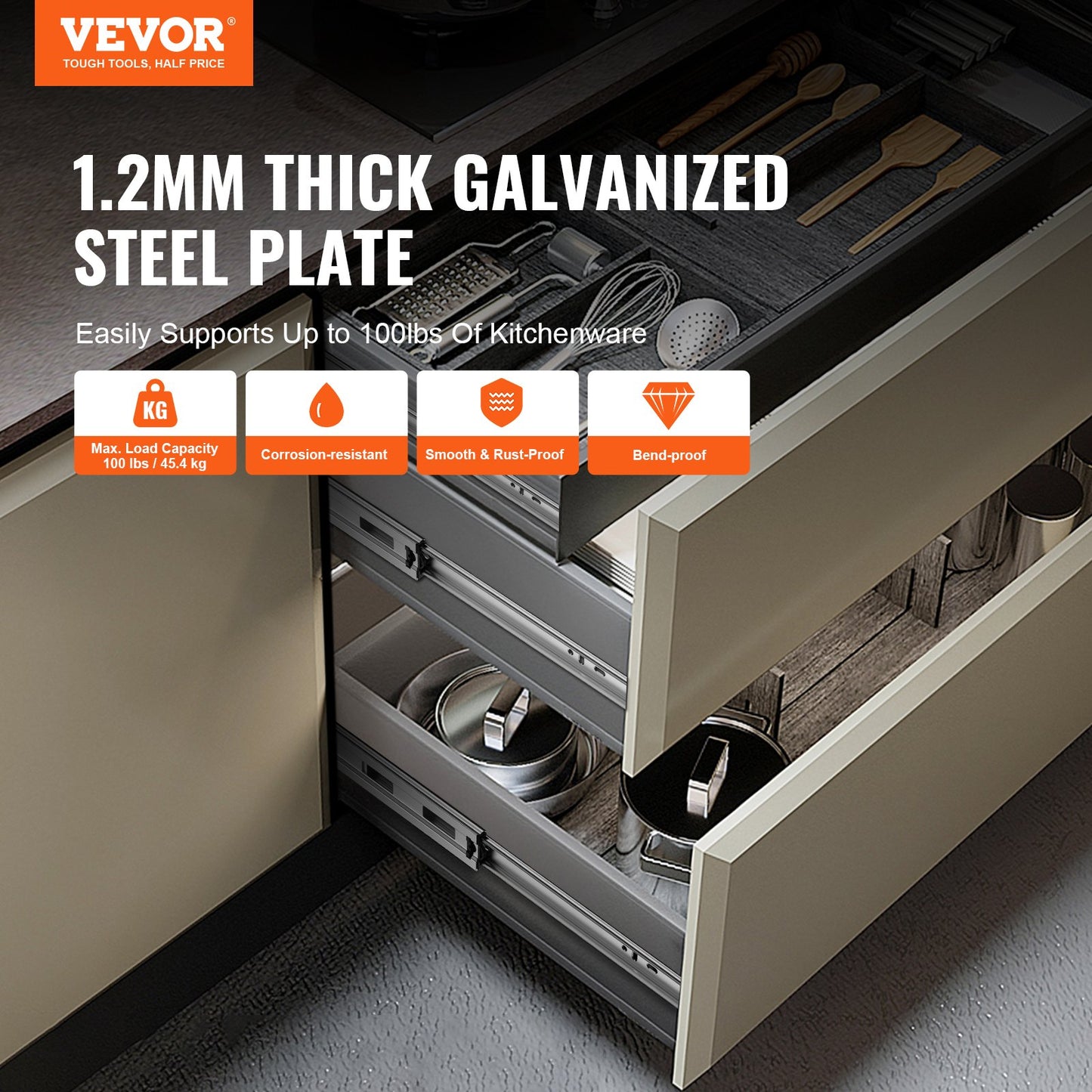 VEVOR 10 Pairs of 22 Inch Drawer Slides Side Mount Rails, Heavy Duty Full Extension Steel Track,-$60