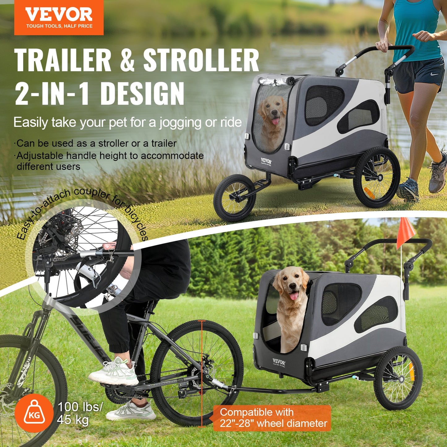 VEVOR Dog Bike Trailer, Supports up to 100 lbs, 2-in-1 Pet Stroller Cart Bicycle Carrier, Easy Folding,-$180