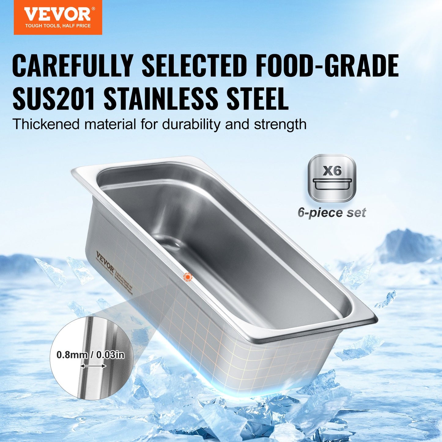 VEVOR 6 Pack Hotel Pans, 1/3 Size Anti-Jam Steam Pan, 0.8mm Thick Restaurant Steam Table Pan,-$35