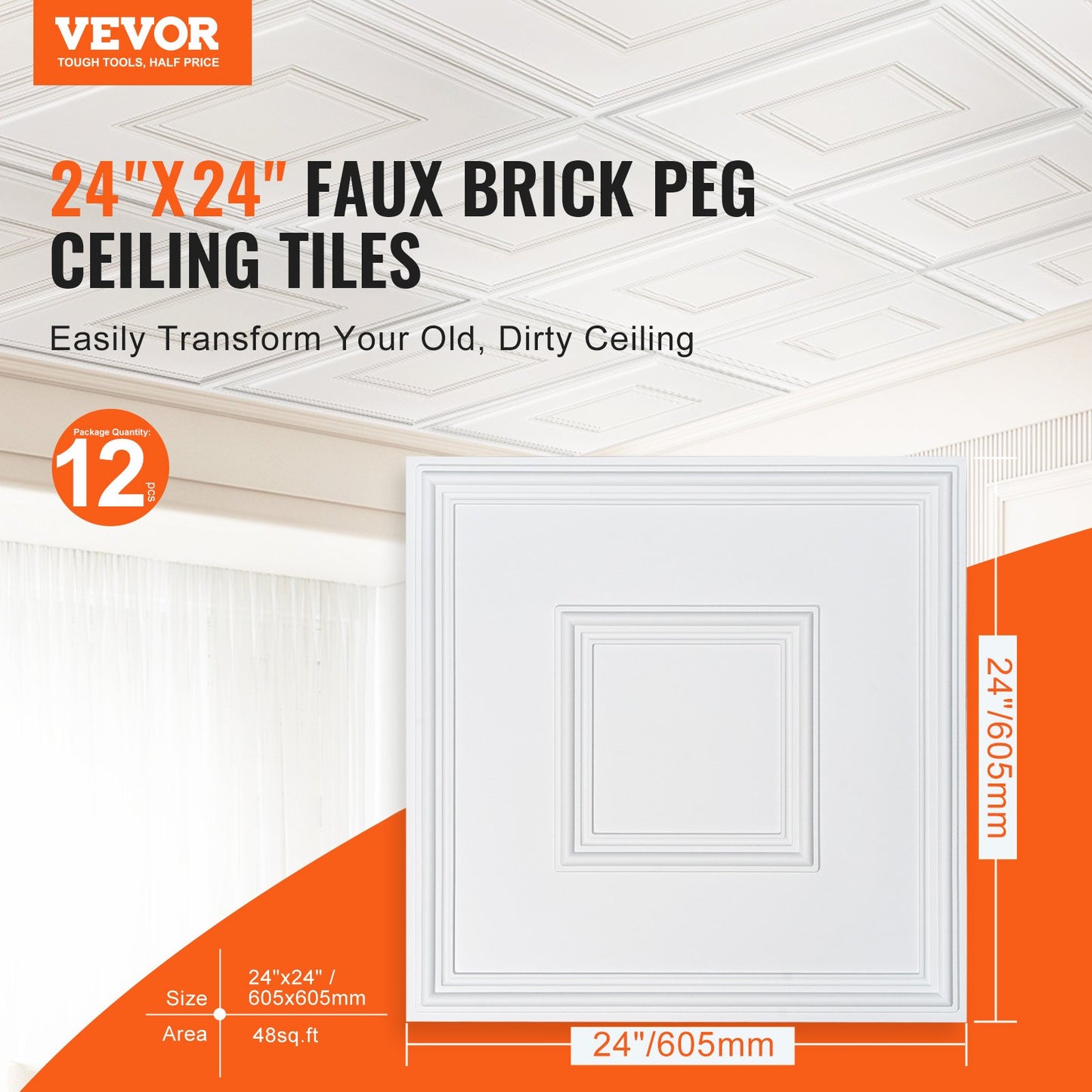VEVOR Ceiling Tiles, 12-Pack 24 x 24 in, Drop Ceiling Tiles Premium PVC Sheet, Easy Installation,-$45