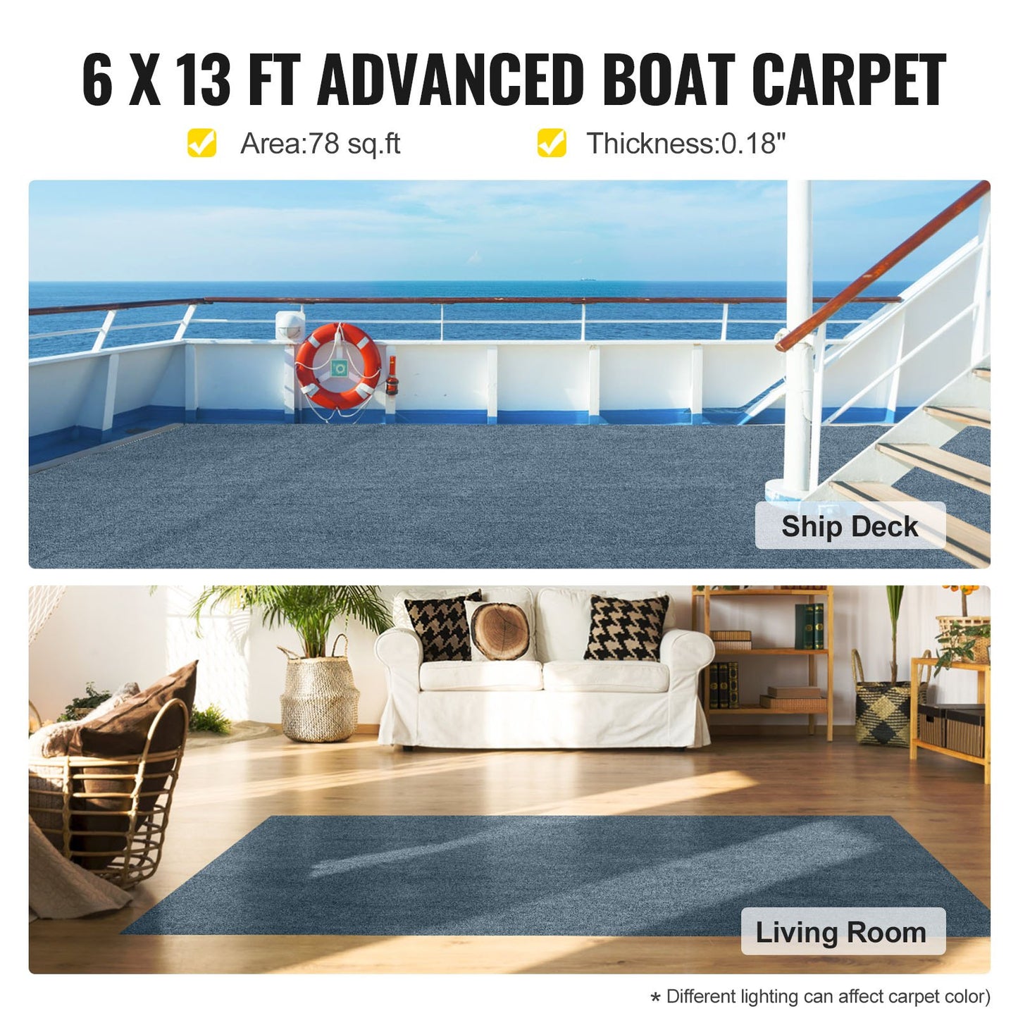 VEVOR Marine Carpet 6x13' Boat Carpet Roll Cutpile In/Outdoor Patio Area Gray,-$50
