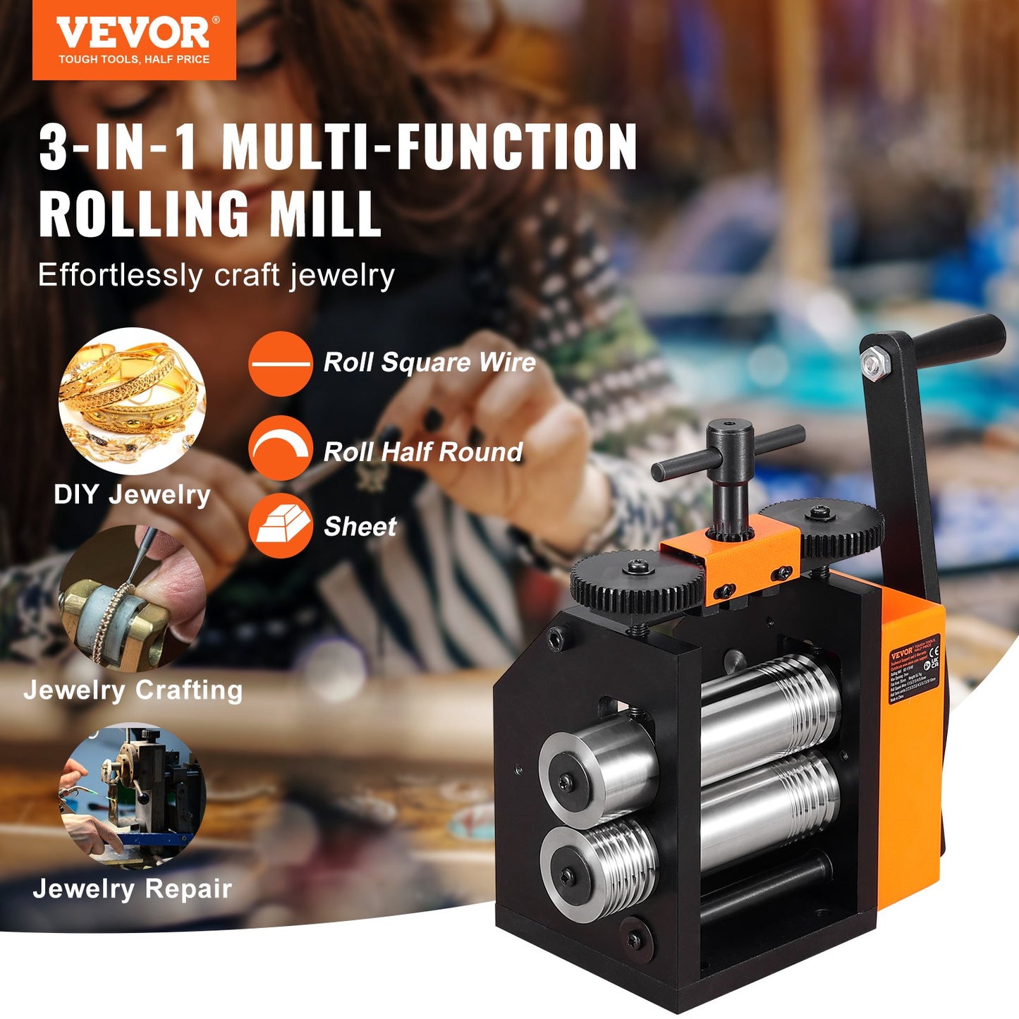 VEVOR Rolling Mill, 3"/76 mm Jewelry Rolling Mill Machine, 1: 2 Gear Ratio, 3-in-1,-$125