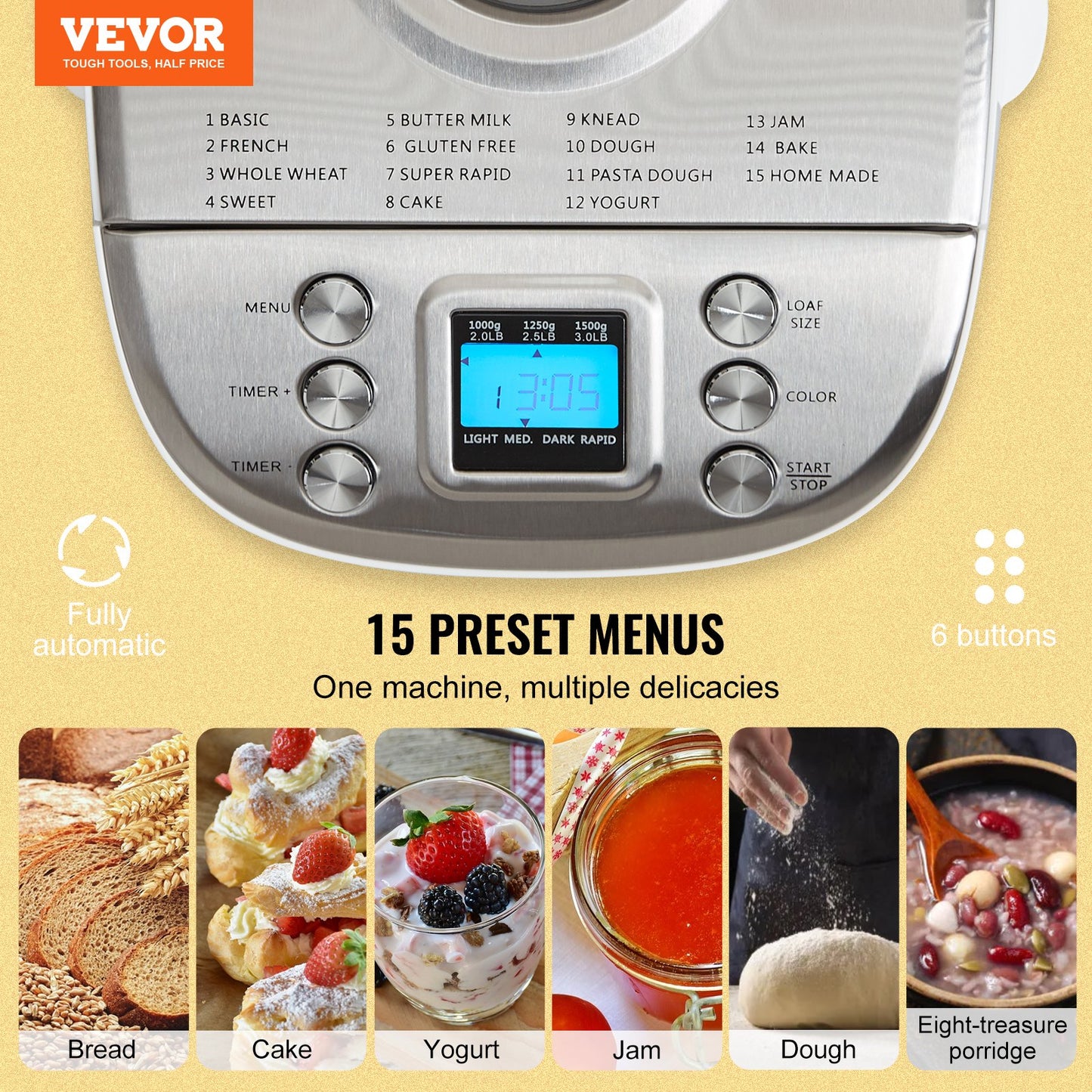 VEVOR Bread Maker, 15-in-1 3LB Dough Machine, Nonstick Ceramic Pan Automatic Breadmaker,-$100