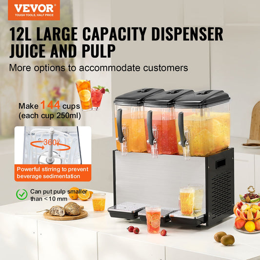 VEVOR Commercial Beverage Dispenser, 3 Tanks 12 L / 12.7 QT Per Tank Juice Dispenser,-$380
