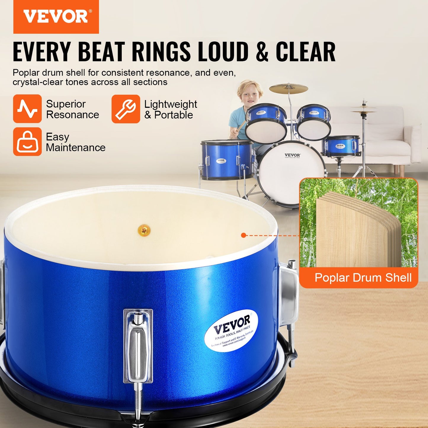 VEVOR Kids Drum Set, 5-Piece, 16 in Beginner Full Drum Set with Bass Toms Snare Floor Drum,-$130
