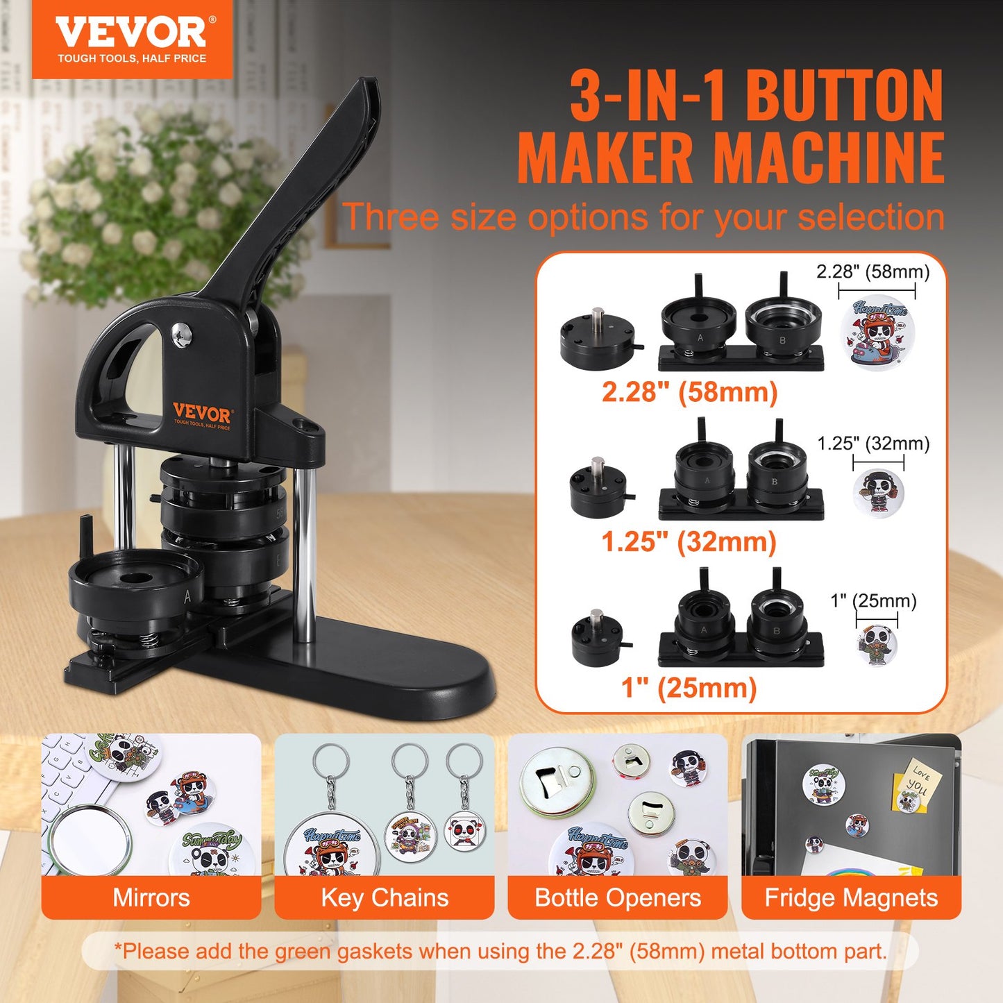 VEVOR Button Maker Machine, 1/1.25/2.28 inch,3-in-1 Pin Maker, Installation-Free Badge W/ 300pcs Button Parts