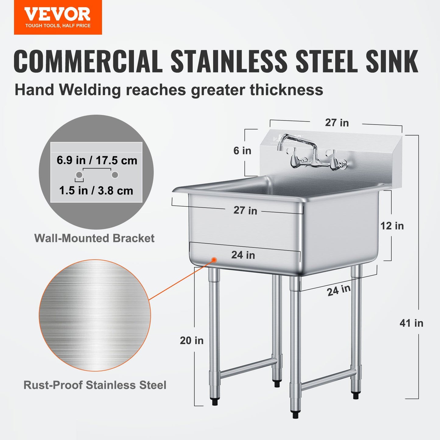 VEVOR Stainless Steel Prep & Utility Sink, 1 Compartment Free Standing Small Sink Include Faucet & legs,-$350