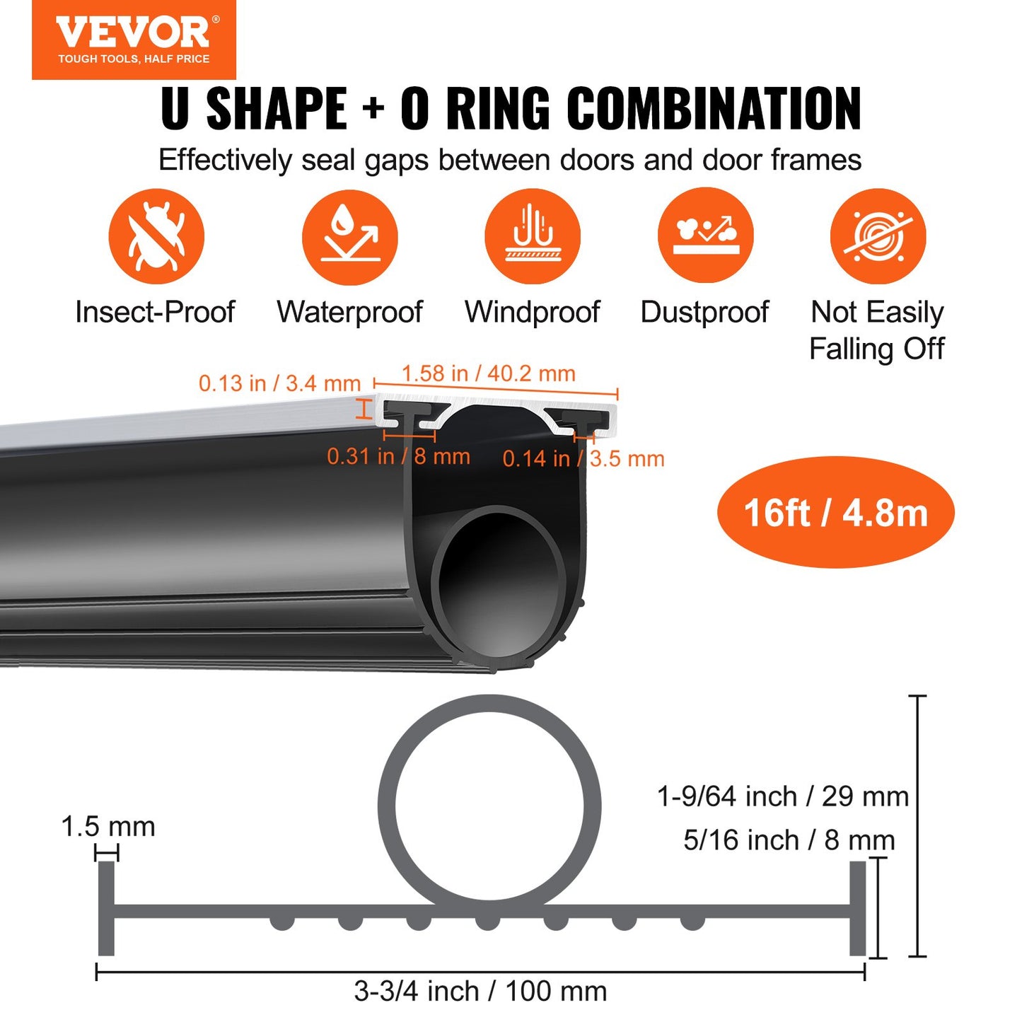 VEVOR Garage Door Seals Bottom Rubber, U Shape +O Ring Garage Door Bottom Weather Seal,-$25