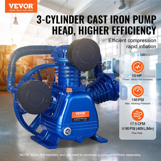 VEVOR Air Compressor Pump Head, 10HP 17.5CFM @ 90PSI, 3-Cylinder Oil Lubricated Air,-$185