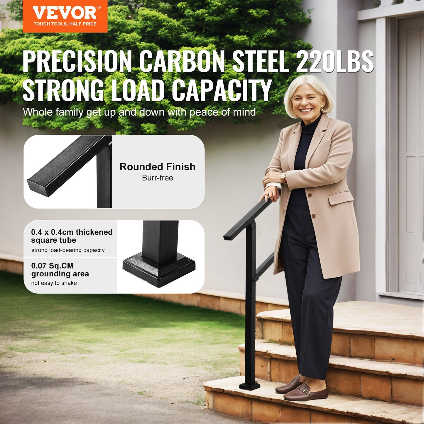 VEVOR Outdoor Handrails for Steps, 2-3 Step Stair Rail Kit, Black Square Tube with Horizontal Bar,-$35