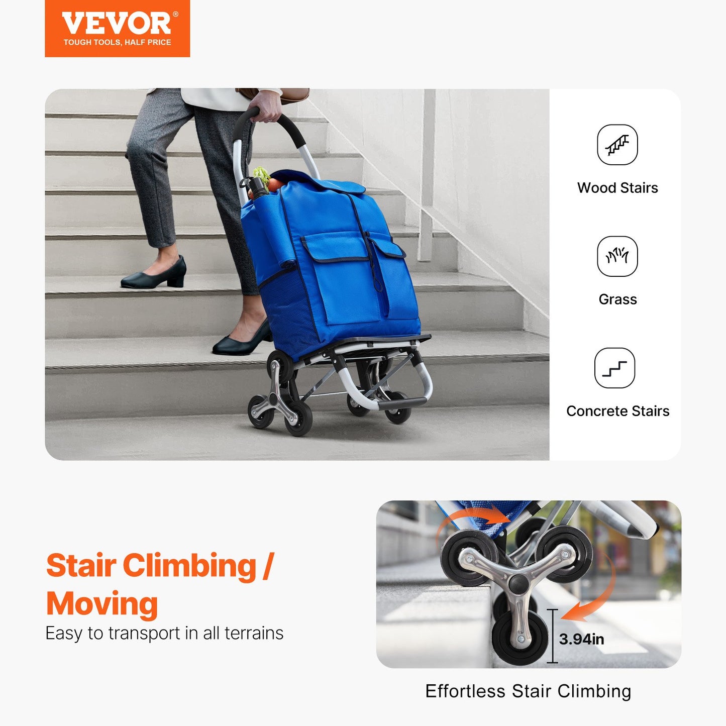 VEVOR Stair Climber Trolley Dolly, 36L Folding Shopping Cart, Grocery Cart Trolley Laundry Stair Climbing,-$30