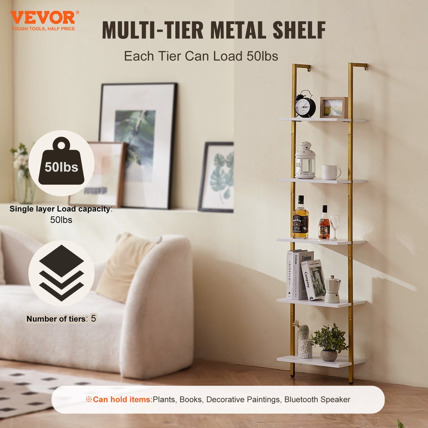 VEVOR Ladder Shelf, 5-Tier Bookshelf 15.6x11.8in, Open Wall-Mounted Ladder Shelf with Metal Frame,-$40