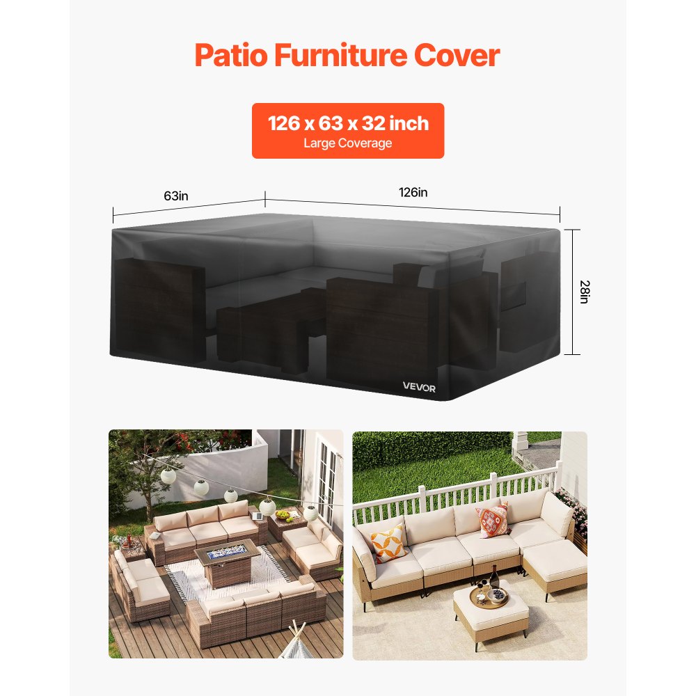 VEVOR Large Rectangular Outdoor Patio Furniture Cover, 420D Heavy Duty Waterproof  w/Air Vent F/All Weather