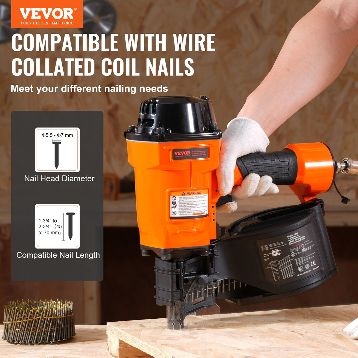 VEVOR Coil Siding Nailer MCN70,1-3/4" to 2-3/4" 15 Degree Pneumatic Siding Nail Gun,70-120PSI Air Coil Nailer for Pallet