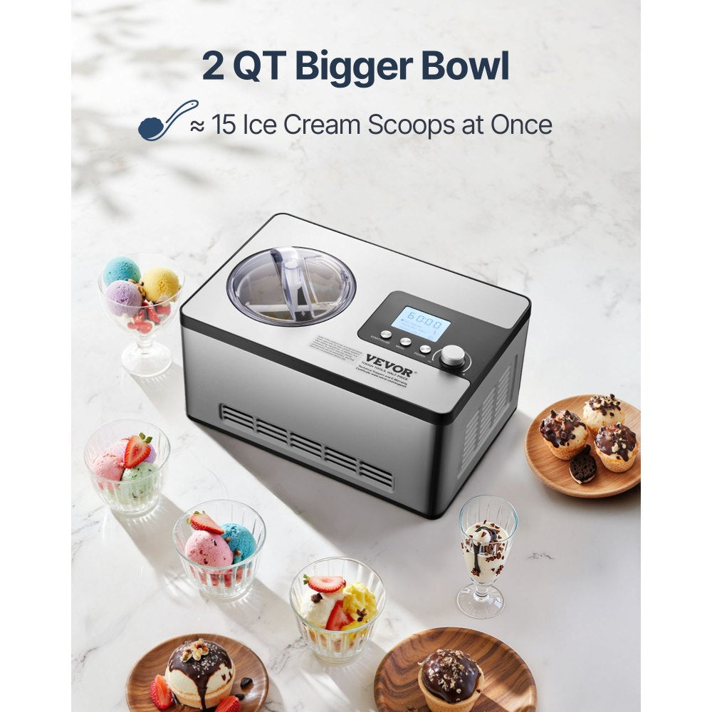 VEVOR Automatic Ice Cream Maker with Built-in Compressor, 2 Quart No Pre-freezing Fruit Yogurt Machine,-$170