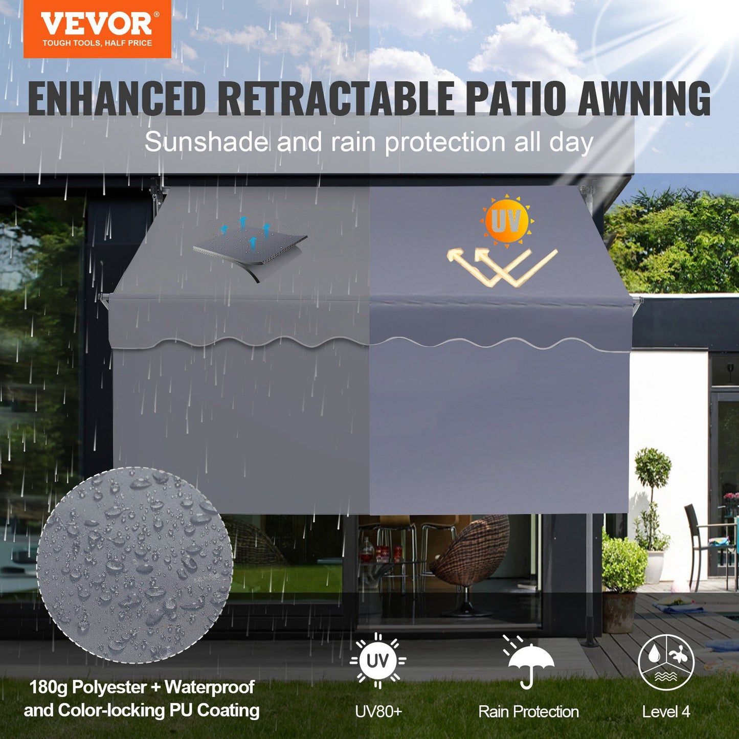 VEVOR Manual Retractable Awning, 78" Outdoor Retractable Patio Awning Sunshade Shelter, Adjustable Door,-$65