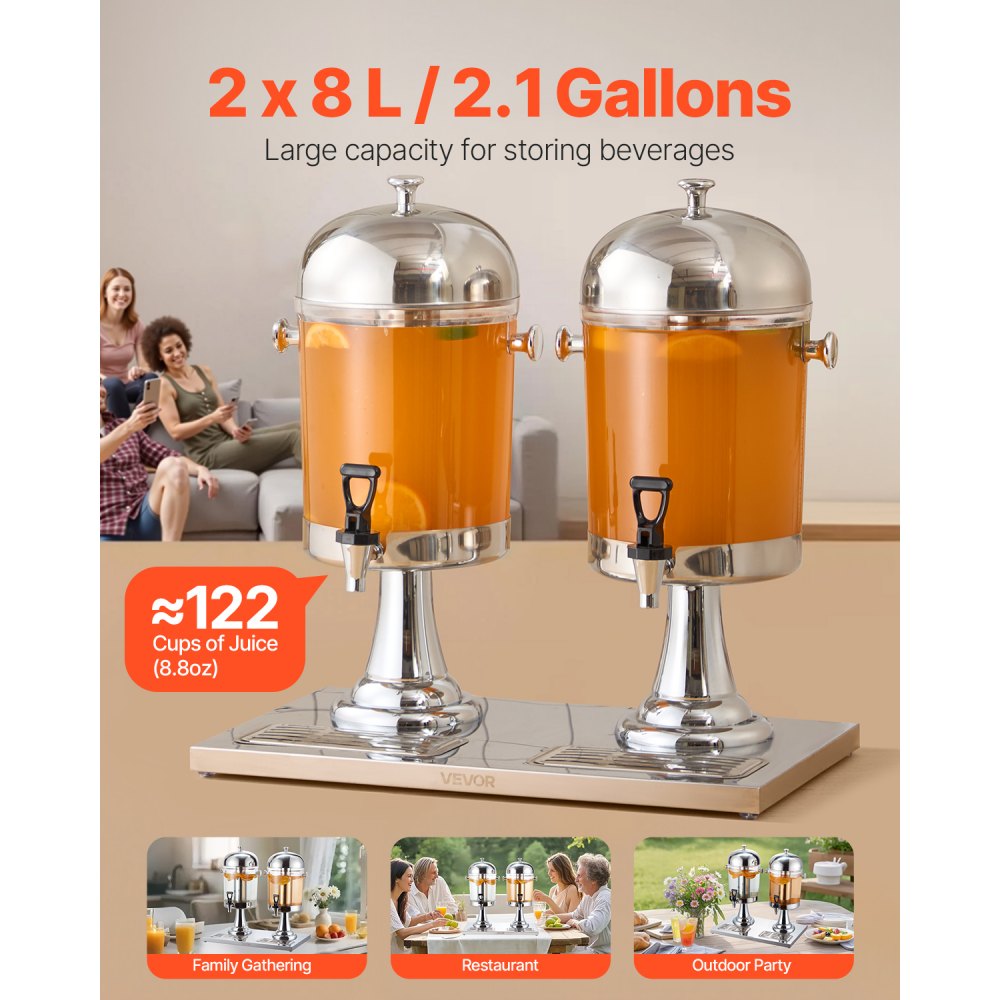 VEVOR Beverage Dispenser, 2.1 Gallon x 2 Drink Dispenser for Parties, Stainless Steel + Dispensers,-$75