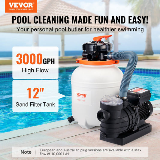 VEVOR Sand Filter Pump for Above Ground Pools, 12-inch, 3000 GPH, 1/2 HP Swimming Pool Pumps,-$145