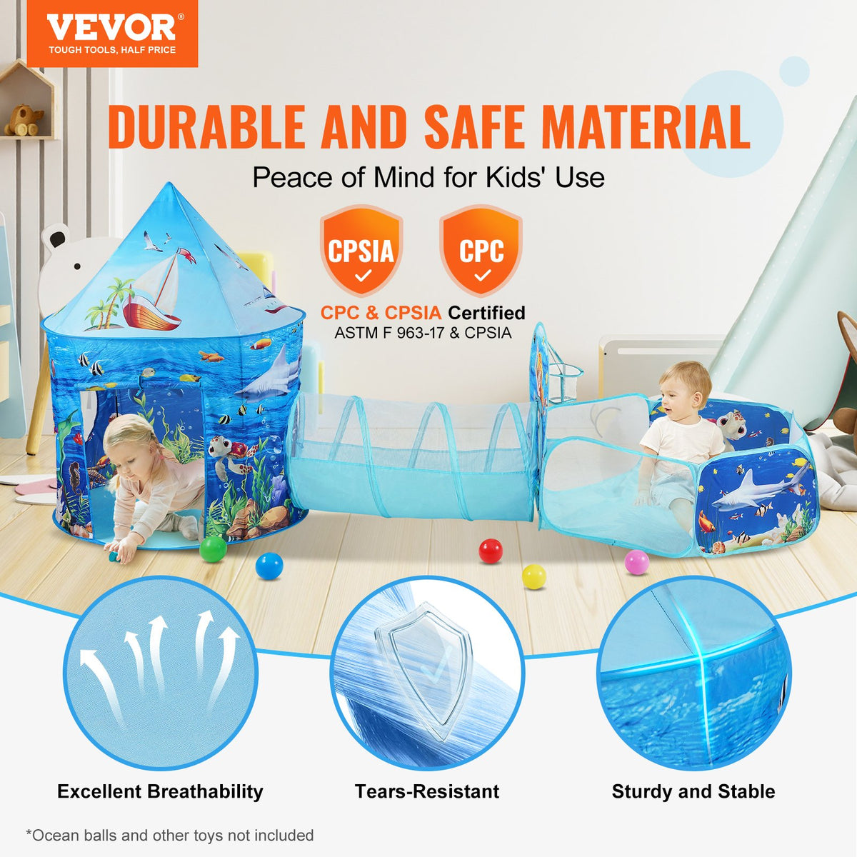 VEVOR 3 in 1 Kids Play Tent with Tunnel, Basketball Hoop, Indoor/Outdoor Pop Up Playhouse W/Carrying Bag & Banding Straps -$30
