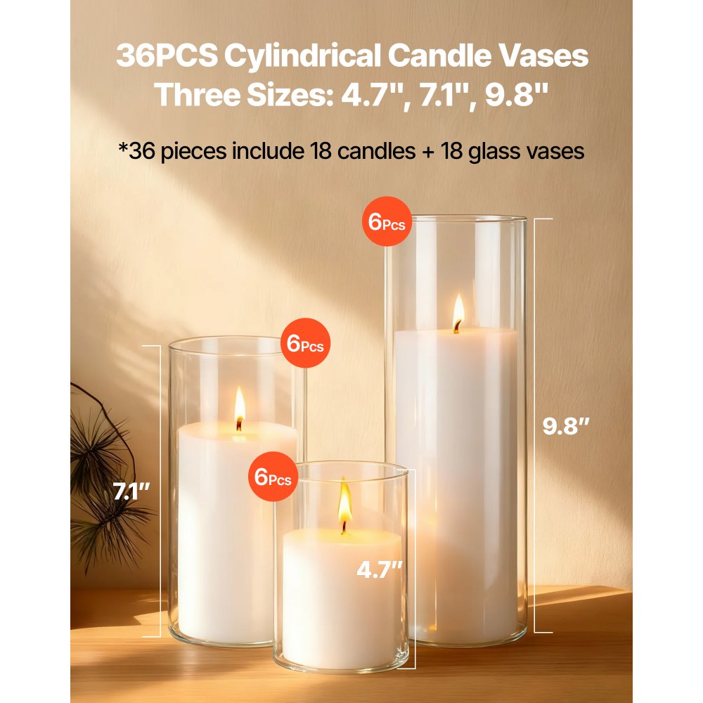 OPen Box(Used)VEVOR Pillar Candles and Glass Vases Set 36 Pcs, Clear Cylinder Hurricane Candle Holders,-$60