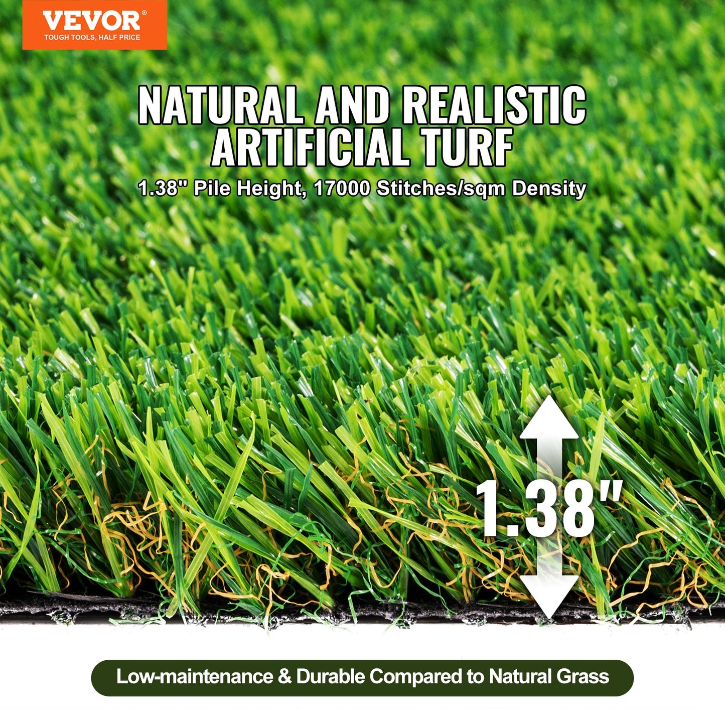 VEVOR Artifical Grass, 3 x 5 ft Rug Green Turf, 1.38" Fake Door Mat Outdoor Patio Lawn Decoration,-$30