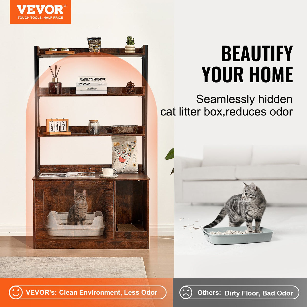 VEVOR Cat Litter Box Enclosure,Hidden Litter Box Furniture w/3 Storage Shelves,Wooden Cat Washroom Indoor,Large Cat House Cabinet Hidden Fit Most Litter Box