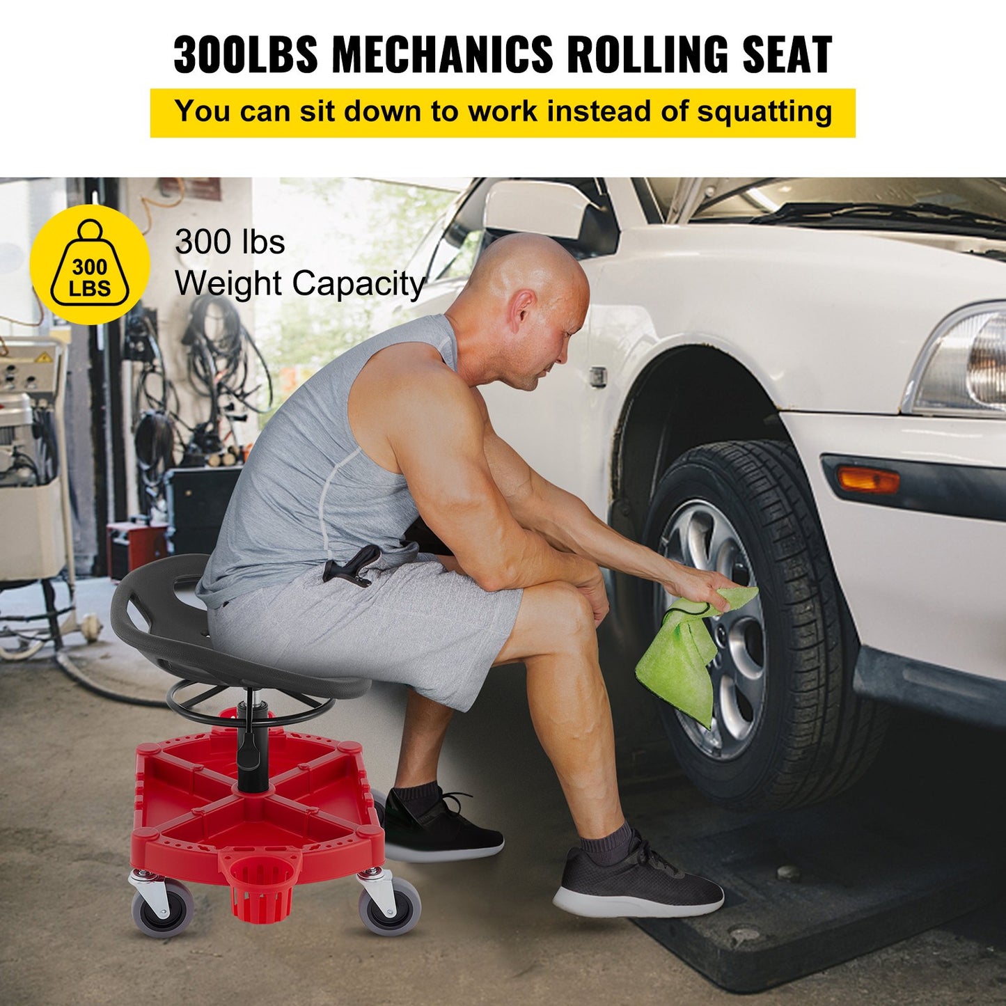 VEVOR Rolling Garage Stool, 300LBS Capacity, Adjustable Height from 18 in to 23 in, 360-degree Wheels,-$65