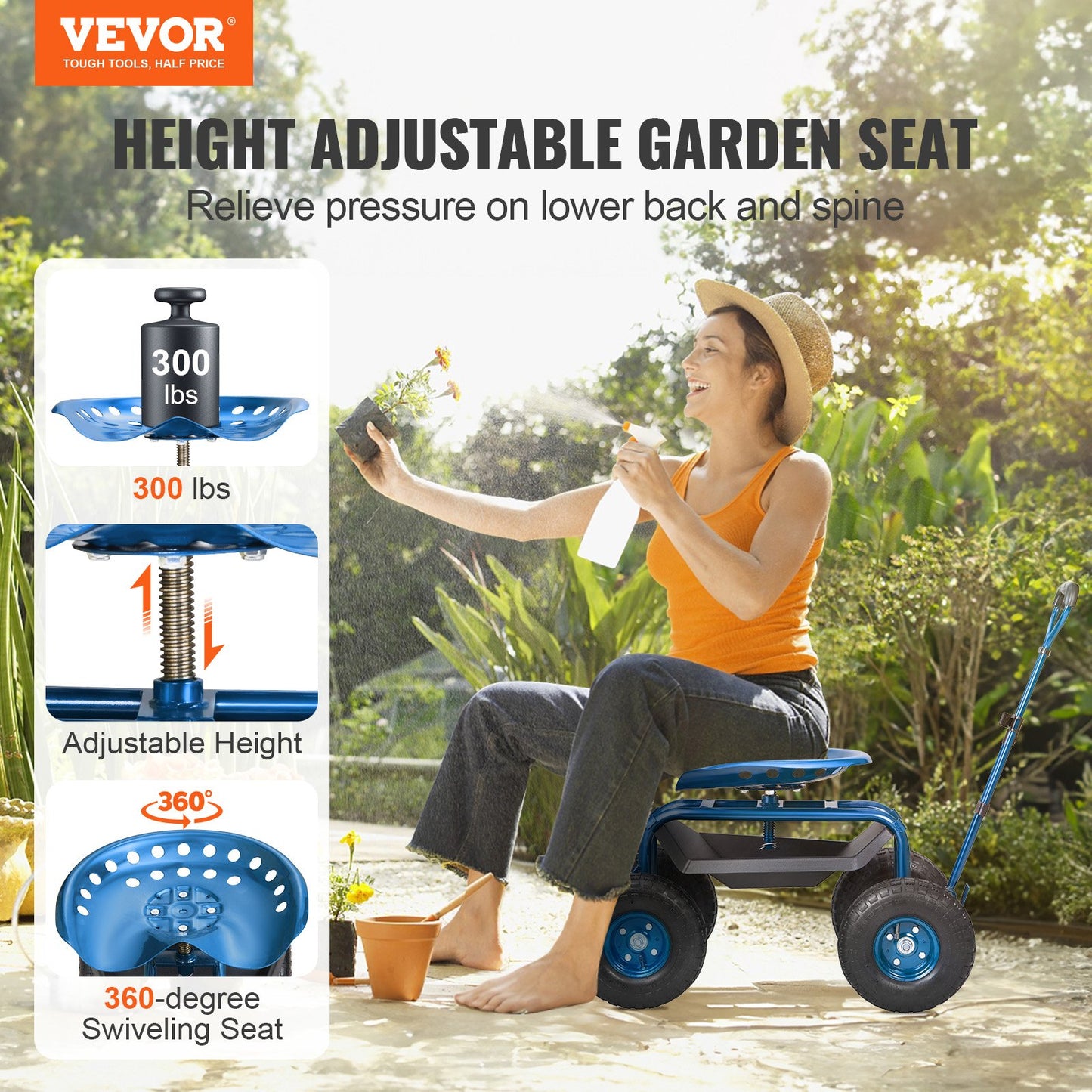 VEVOR Garden Cart Rolling Workseat with Wheels, Gardening Stool for Planting, 360 Degree Swivel Seat,-$70