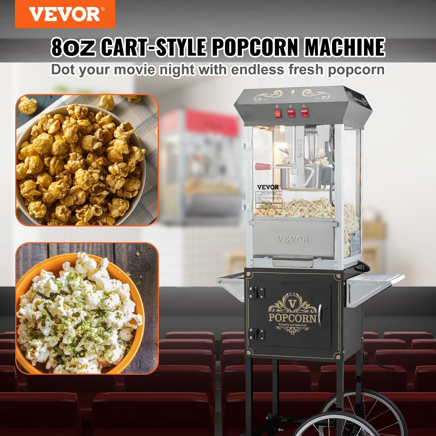 VEVOR Popcorn Maker with Cart, 850W Popcorn Popper Machine, 8 Oz Kettle Makes 48 Cups,-$210