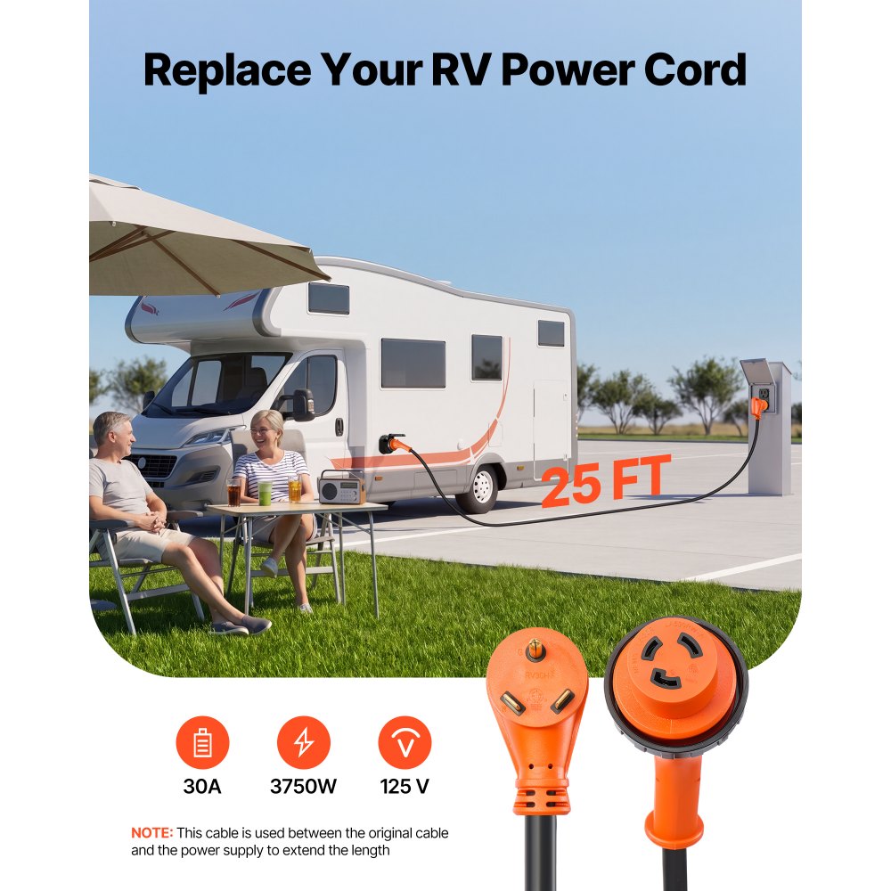 VEVOR 30 Amp 25 Feet RV Power Cord, 125V 3750W, Heavy Duty 10/3 Gauge STW Generator Cord,-$50
