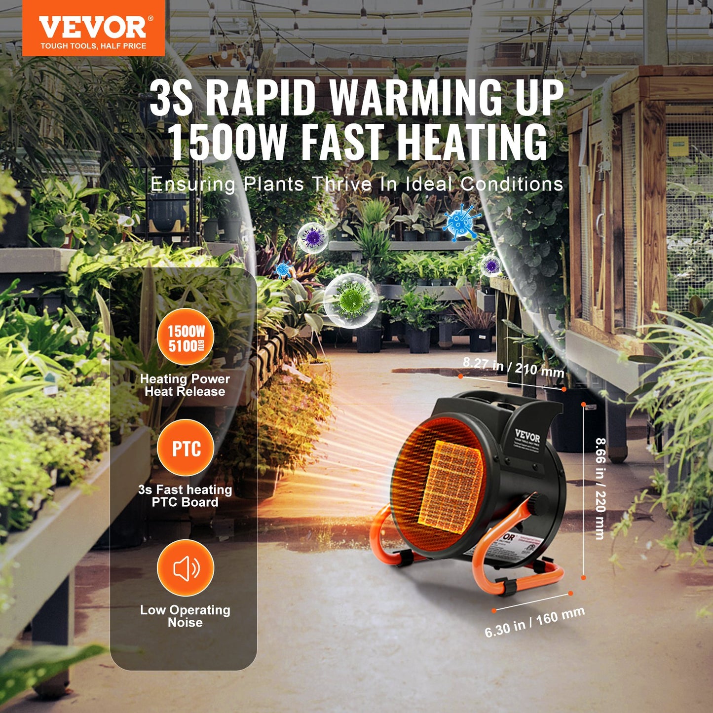 VEVOR Greenhouse Heater, 1500W PTC Fast Heating with Overheat Protection, 3-Speed Setting,-$30