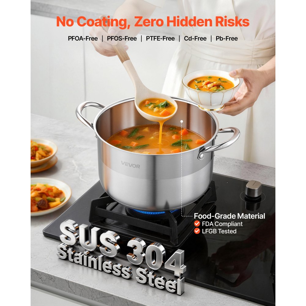VEVOR Stainless Steel Stock Pot, 8-Quart Stainless Steel Stockpot with Glass Lid, PFOA/PFAS-Free,-$20
