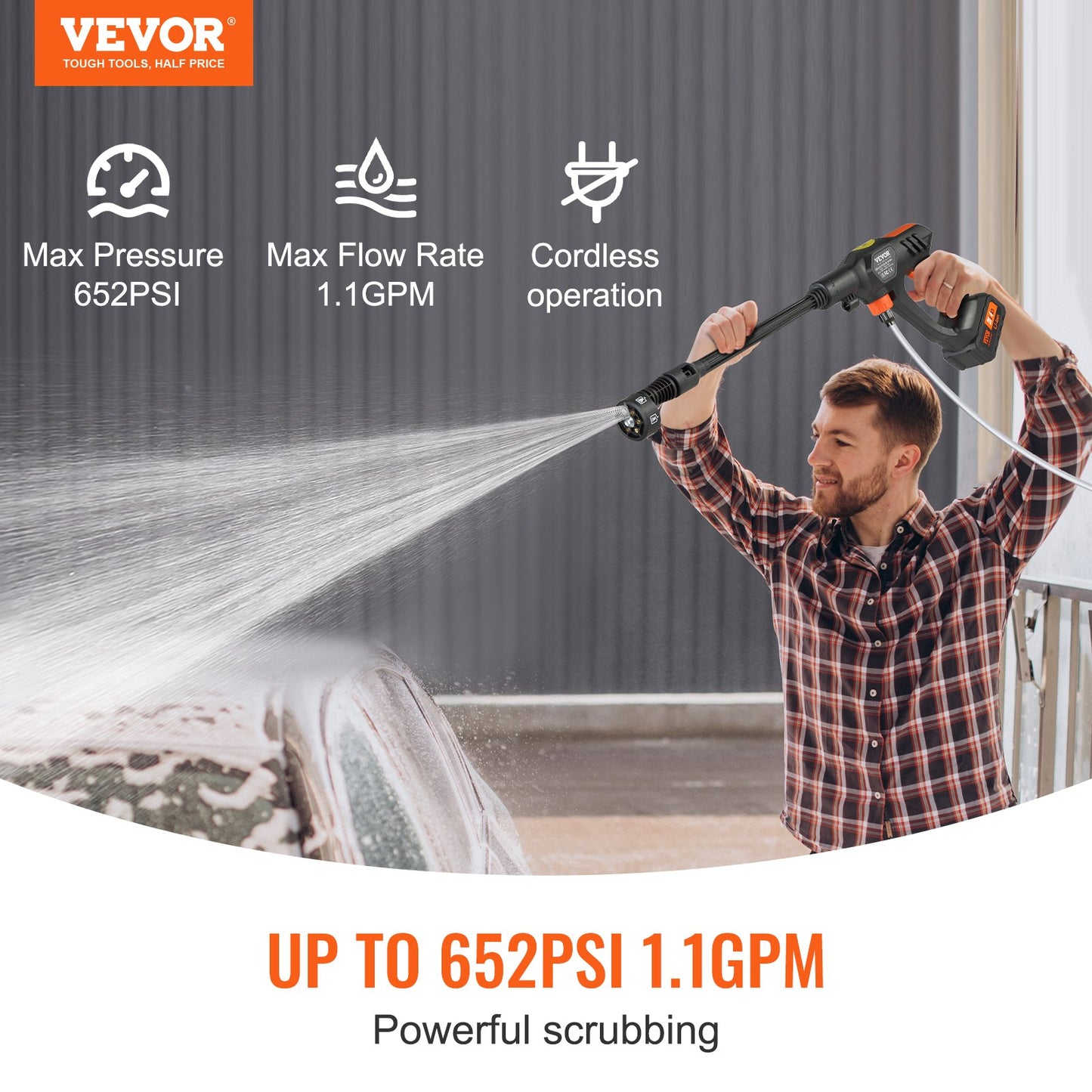 VEVOR Cordless Pressure Washer, 652-PSI 1.1 GPM Portable Power Cleaner, Handheld High-Washer Gun,-$70