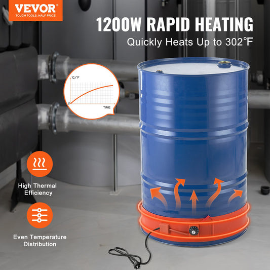 VEVOR Metal Drum Heater, 1200 Watt 5 inch Width, Pail Heating Band for 55 Gallon Barrel, 86-302℉ ,-$35