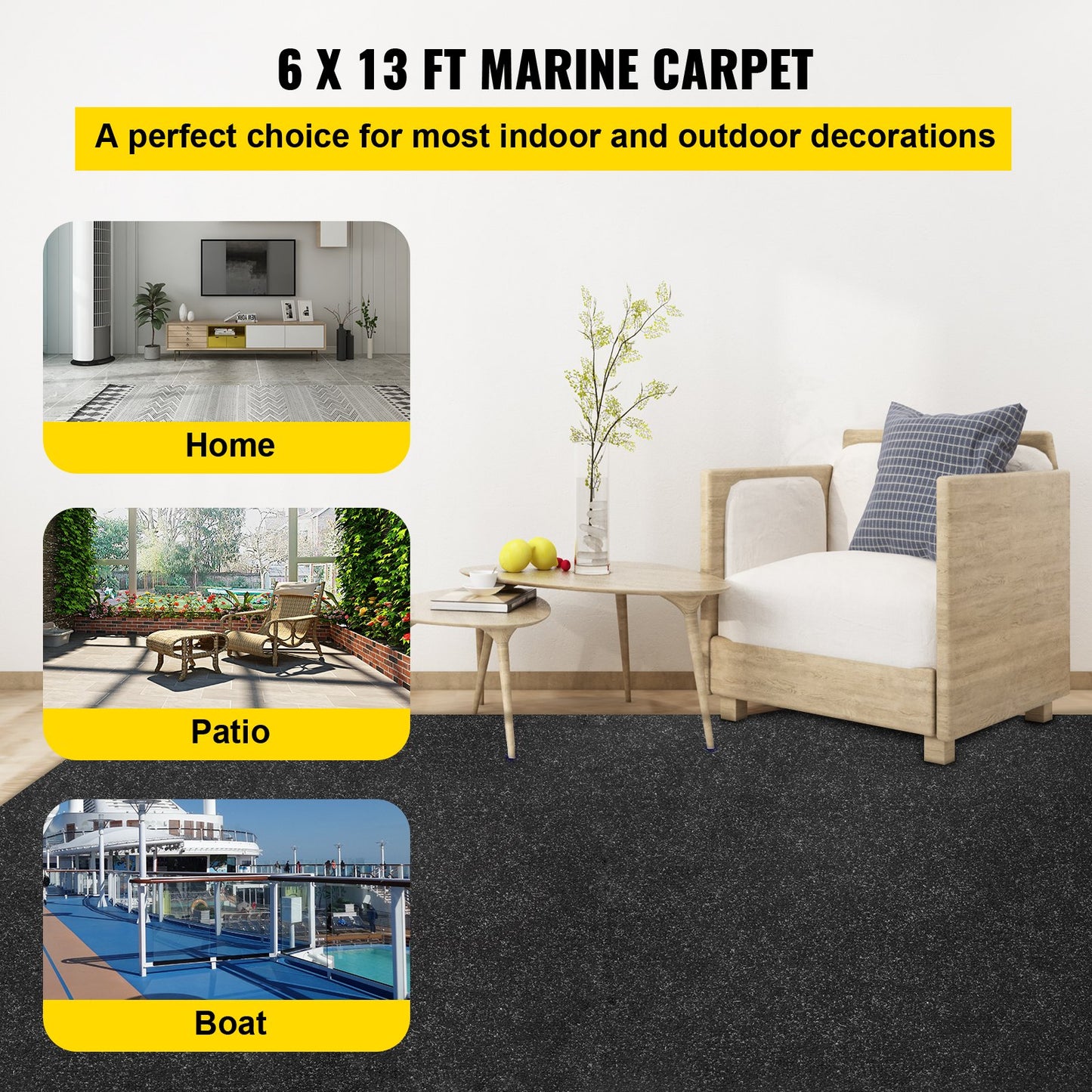 VEVOR Boat Carpet, 6 ft x 13.1 ft Marine Carpet for Boats, Waterproof Black Indoor Outdoor Carpet,-$50