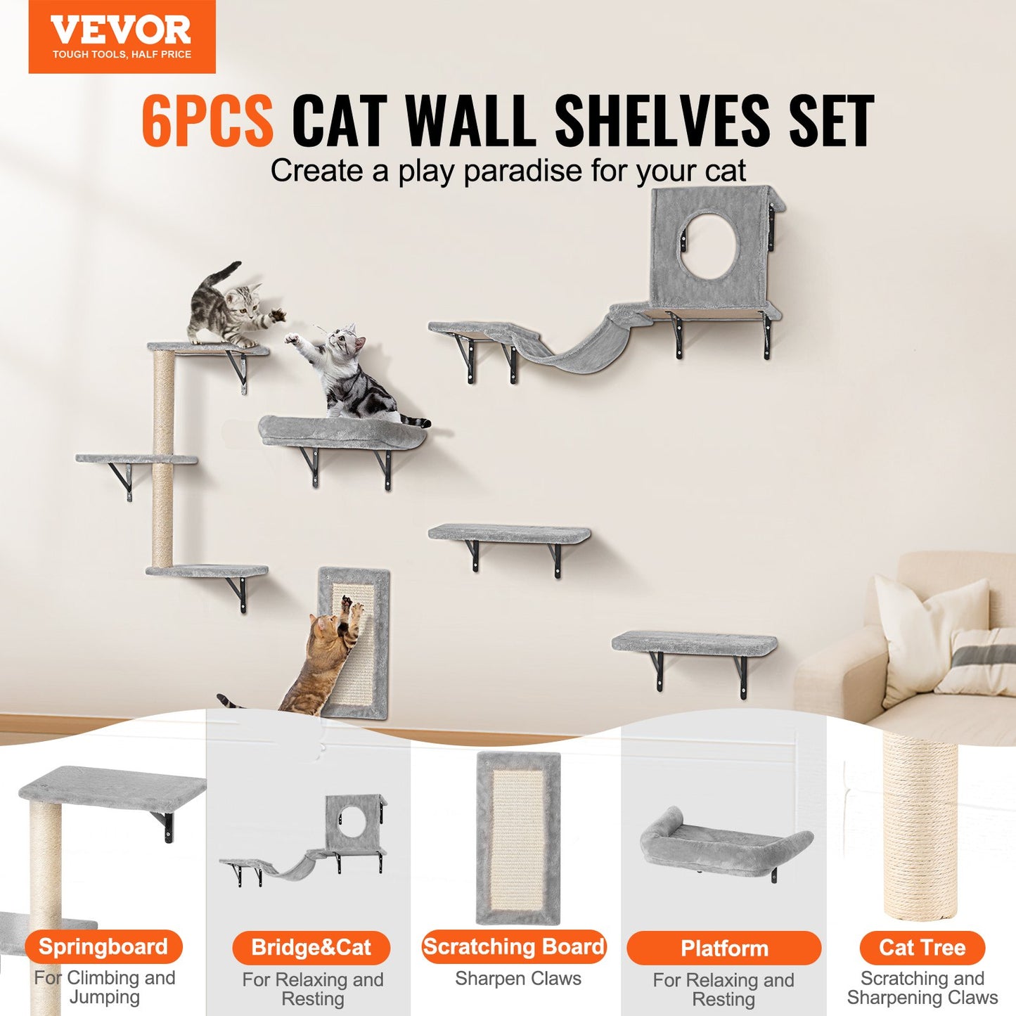 VEVOR Wall Mounted Cat Shelves, Cat Wall Shelves and Perches with Jumping Boards, Hammock,-$55