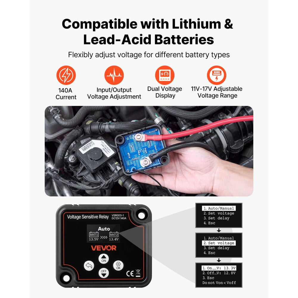 VEVOR Dual Battery Isolator Kit, 12V 140 Amp, Manual and Automatic VSR Voltage Sensitive Relay,-$55
