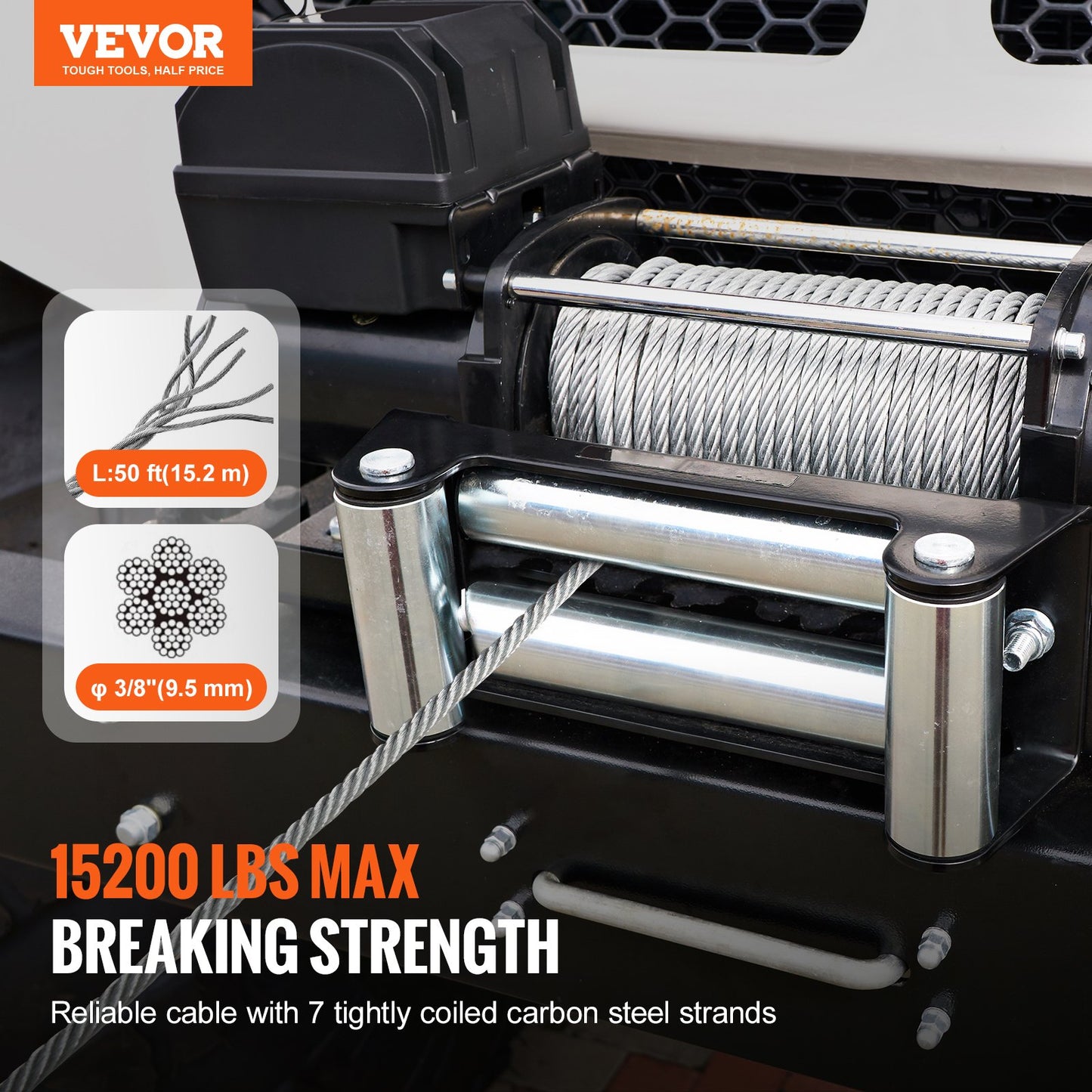 VEVOR Galvanized Steel Winch Cable, 3/8 Inch x 50 Feet 15,200 lbs Breaking Strength, Wire Winch Rope,-$60