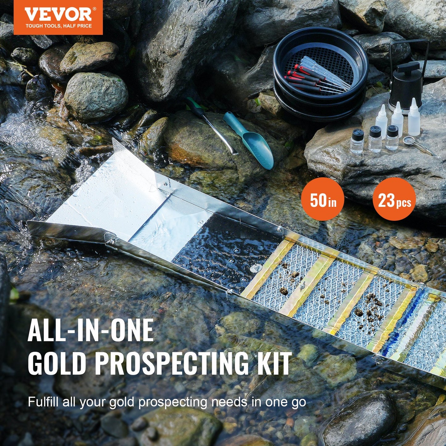 VEVOR Gold Panning Kit With Sluice Box, 50" Aluminum Gold Mining Equipment, 23 PCS Prospecting Kit,-$120