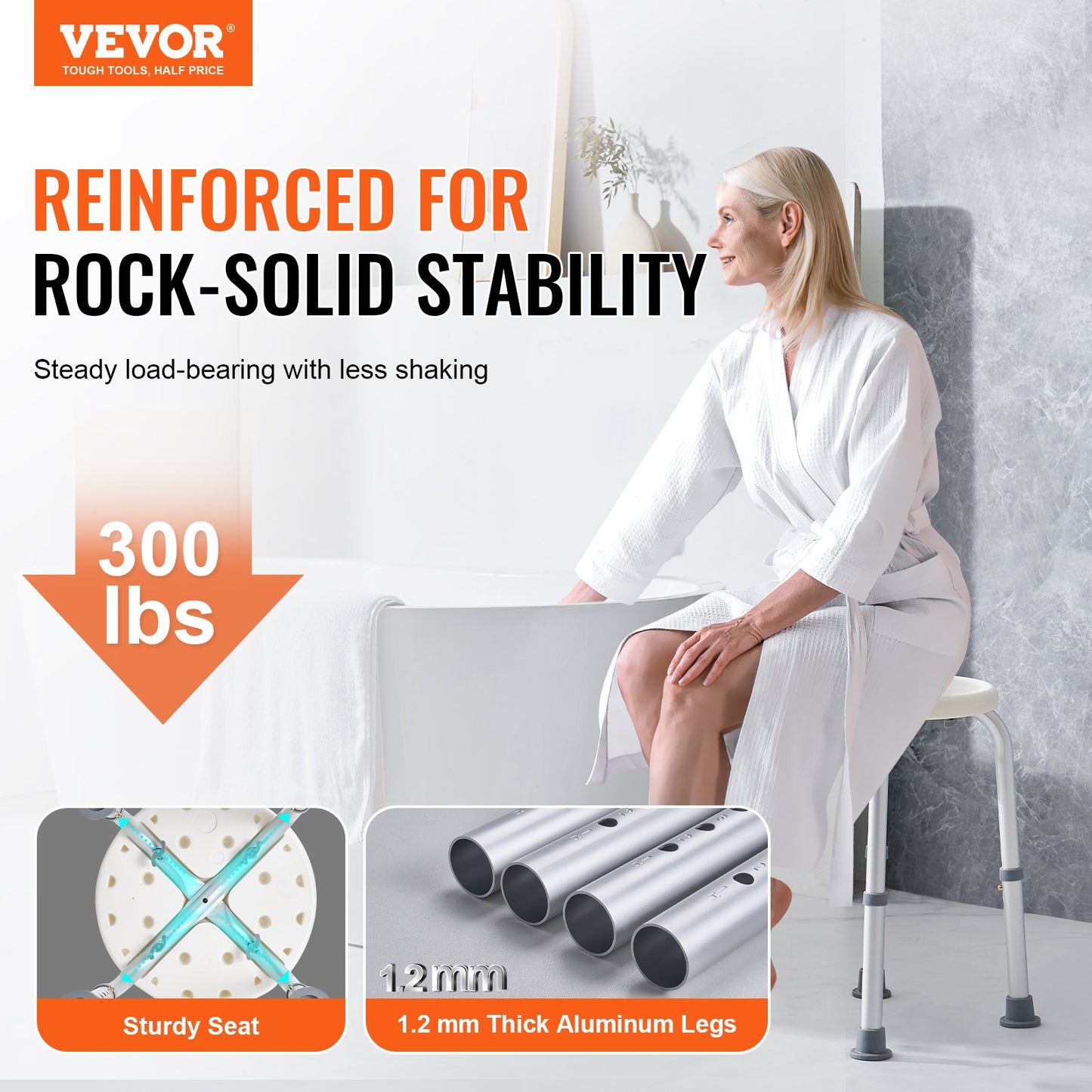 VEVOR Adjustable Height Shower Chair, Non-Slip Shower Bench Seat, 300 lbs Capacity,-$25